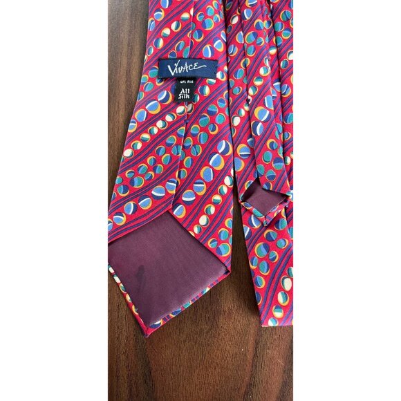 Vintage VivAce Tie Abstract Geometric Red Blue Yellow All Silk Circles and Strip - Picture 6 of 6
